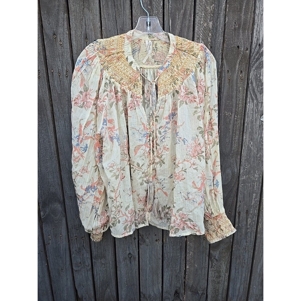 Anthropologie Cream Floral Long Sleeve Smocked Lurex Top Women's Size Medium - Picture 3 of 8